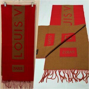 LOUIS VUITTON Oversized Logo Scarf Cashmere Camel Red Mint Condition